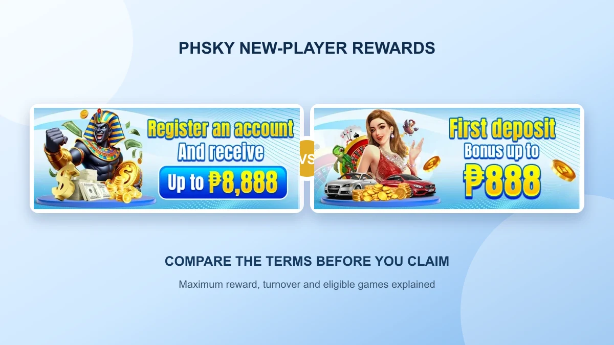 PHSKY registration reward and first-deposit bonus banners shown side by side for comparison