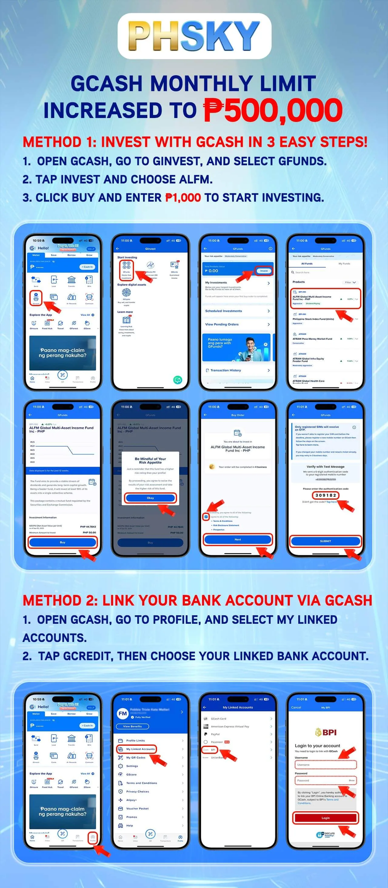 PHSKY GCash limit upgrade details — monthly amount ₱500,000